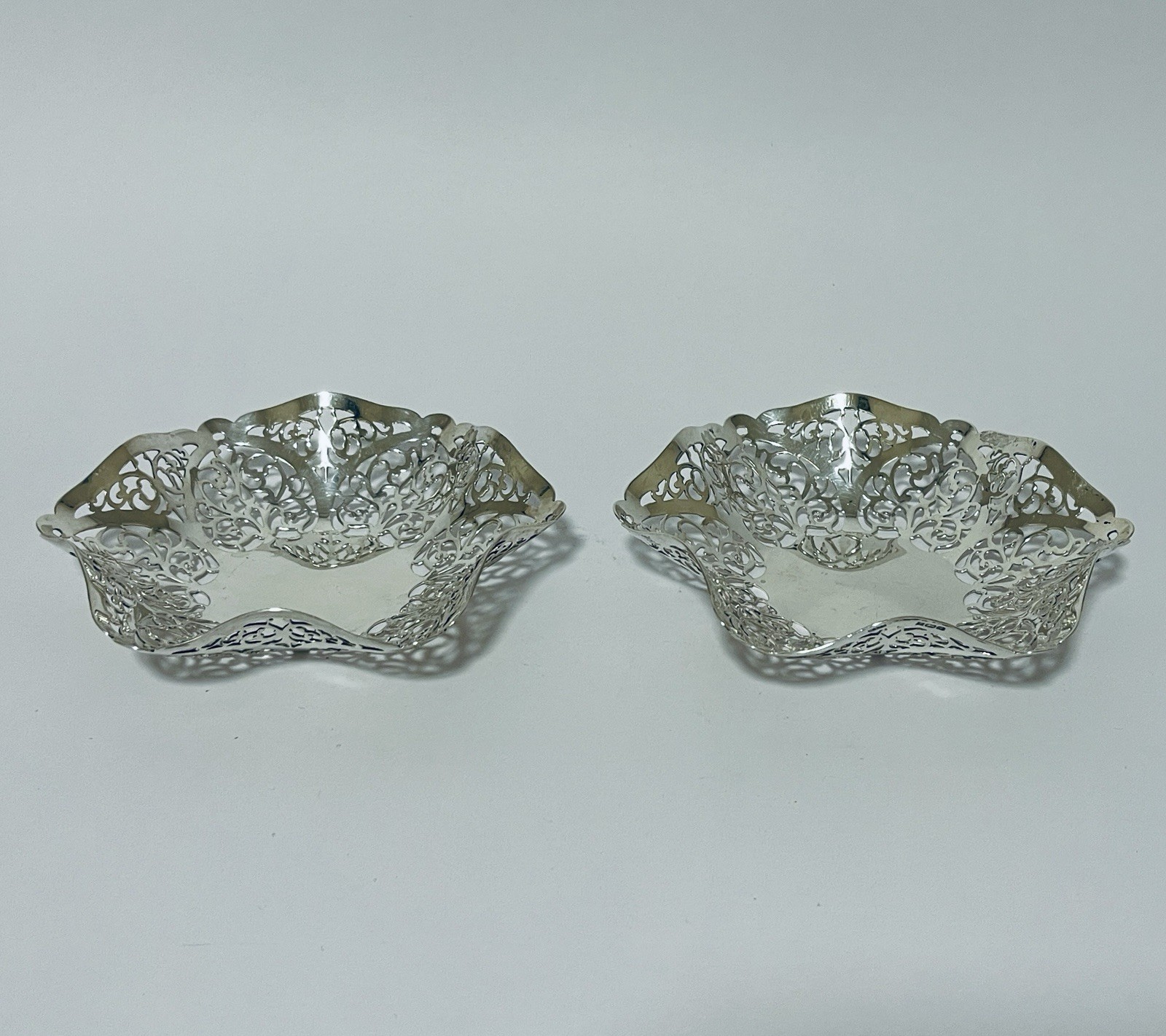 Matching Pair Antique Vintage Solid Sterling Silver Bonbon Dishes / Bowls