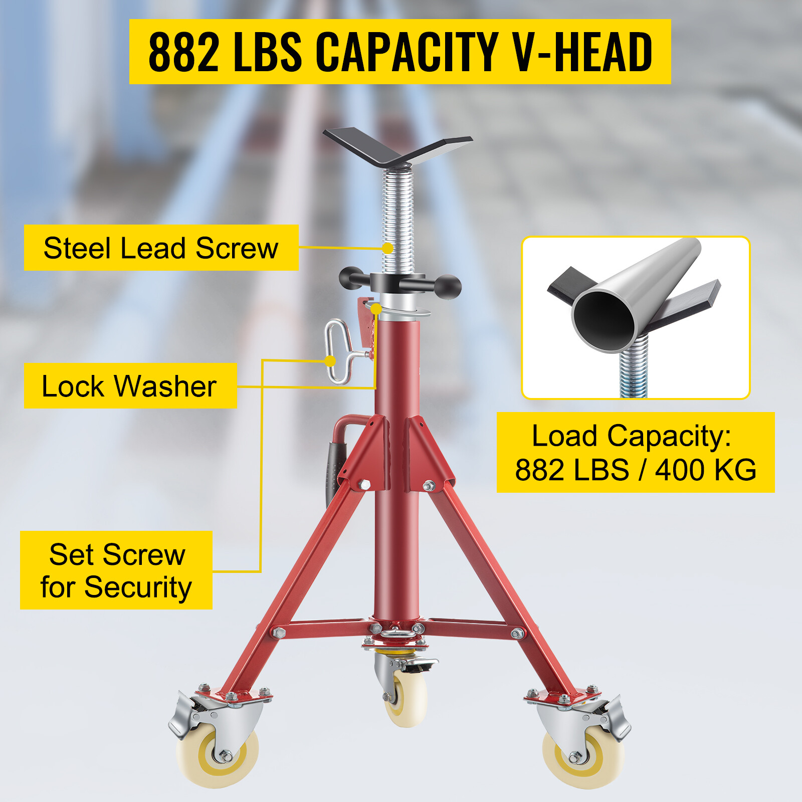 VEVOR Pipe Stand Fold-a-Jack V-Head 28-52 inch Height 12" Pipe 882 lb w/Casters