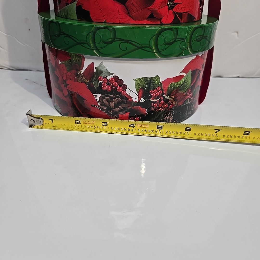 3 Christmas Nesting Gift Boxes Round Pointsettia Stackable Boxes Red Ribbon Tie