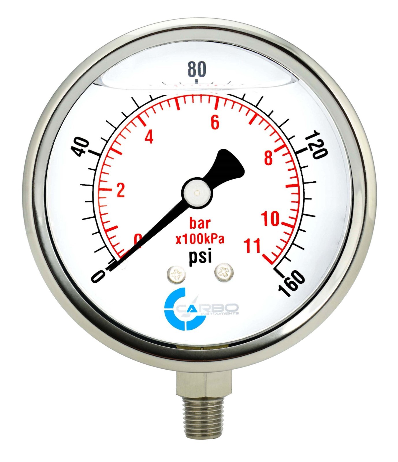 4" Pressure Gauge, Stainless Steel Case, Liquid Filled, Lower Mnt 160 PSI
