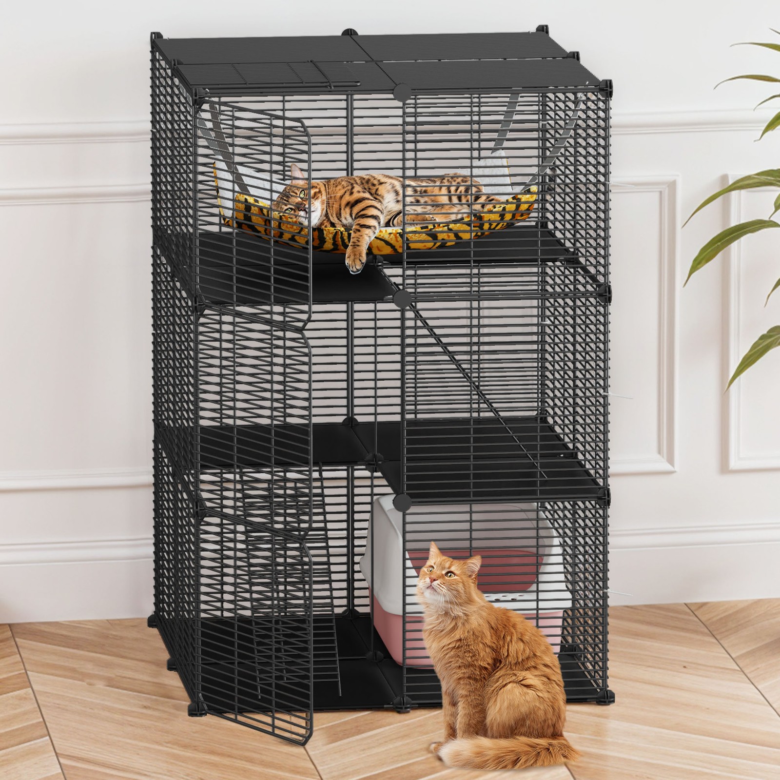 Cat Cage Indoor Cat Enclosures DIY Playpen Ferret Rabbit Metal Kennel w/ Hammock