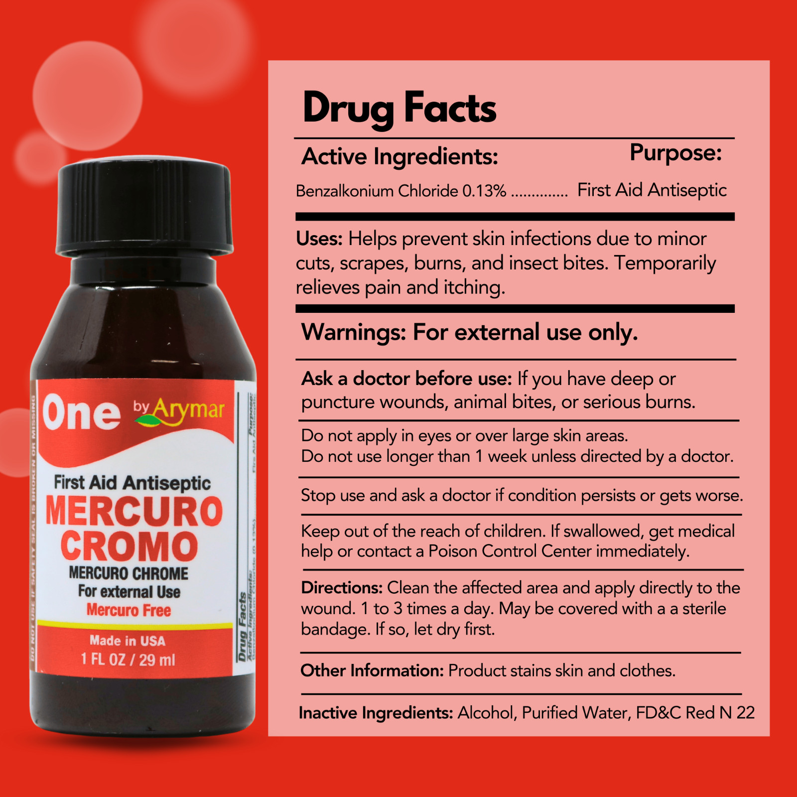 Arymar Mercuro Chrome 1 fl oz. (Pack of 2) - Mercury-Free Antiseptic for Cuts