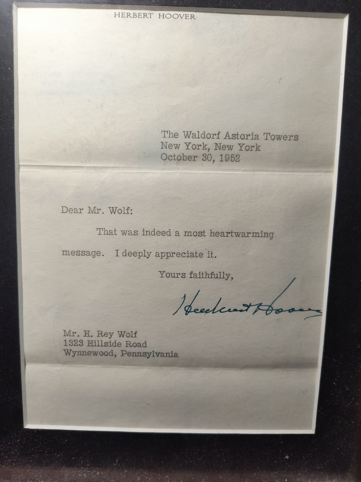 HERBERT HOOVER LETTER From 10/30/1952, PSA/DNA, Envelope, Matted & Framed