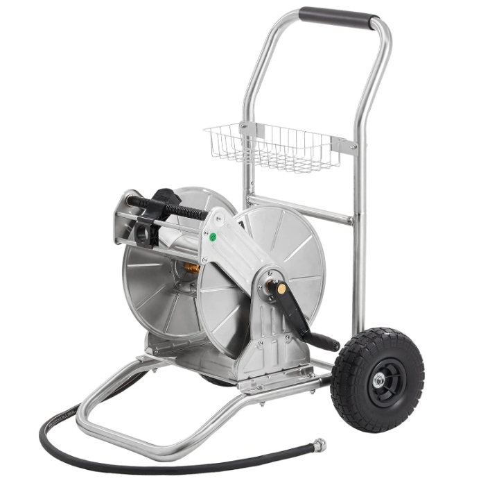 Giraffe Tools Garden Hose Reel Cart with Wheels, Stainless Steel