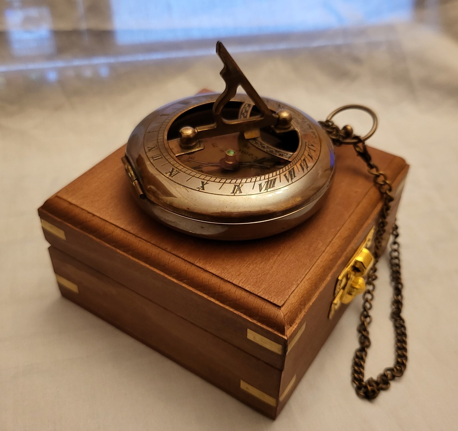 Sun Dial Pocket Watch Brass Compass Chain Antique Old Gold Lustre Wooden Box UK