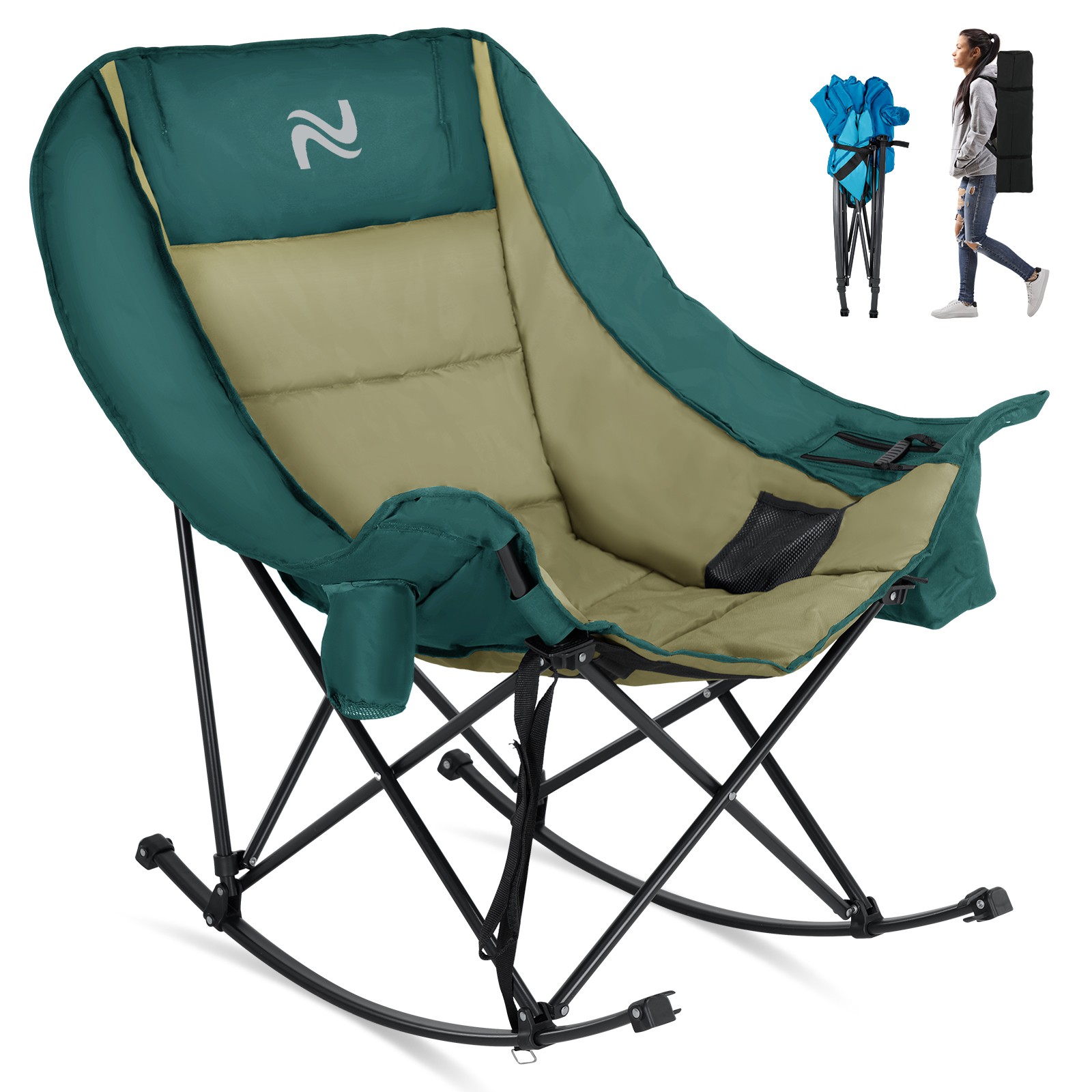 NAIZEA Rocking Chair Outdoor Folding Camping Chair with Cooler Bag Side Pocket