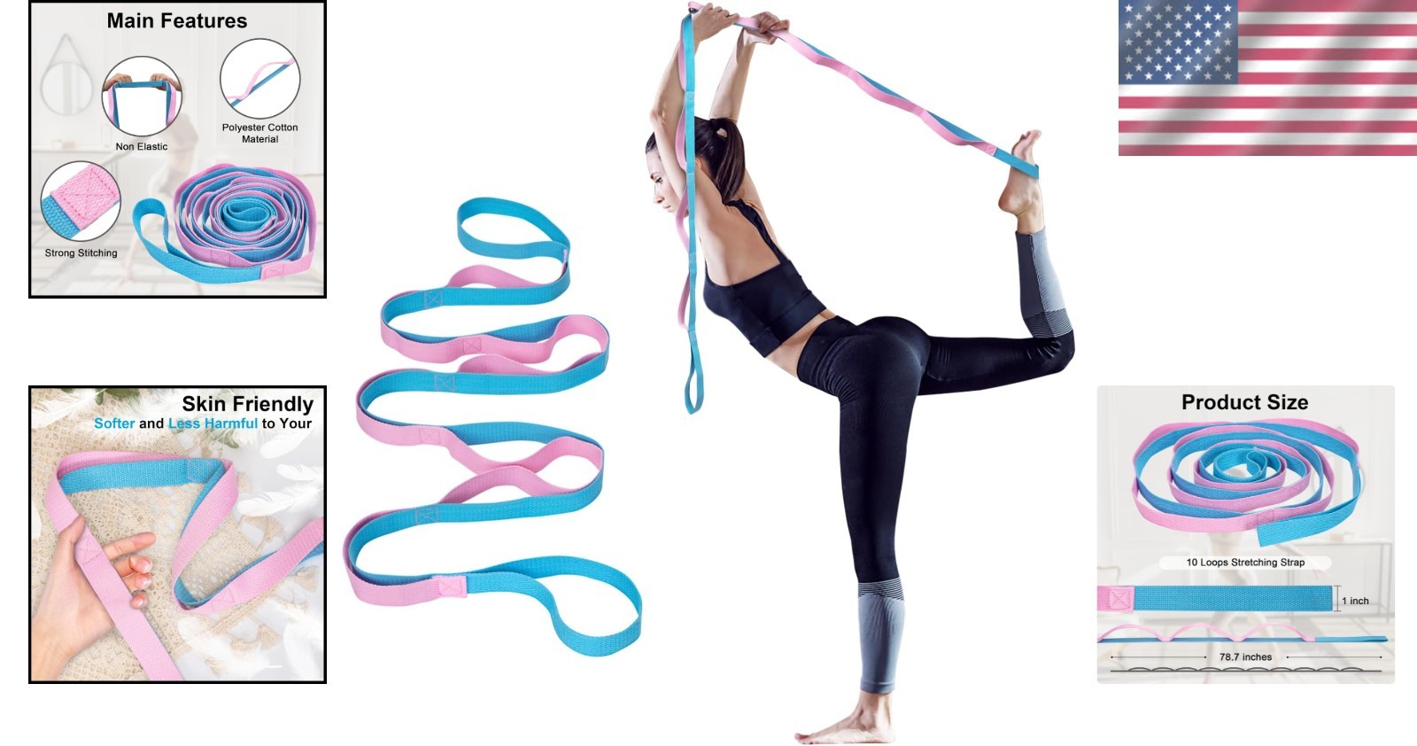 Versatile Yoga Strap with 10 Loops - 78.7 Inches for Stretching & Flexibility