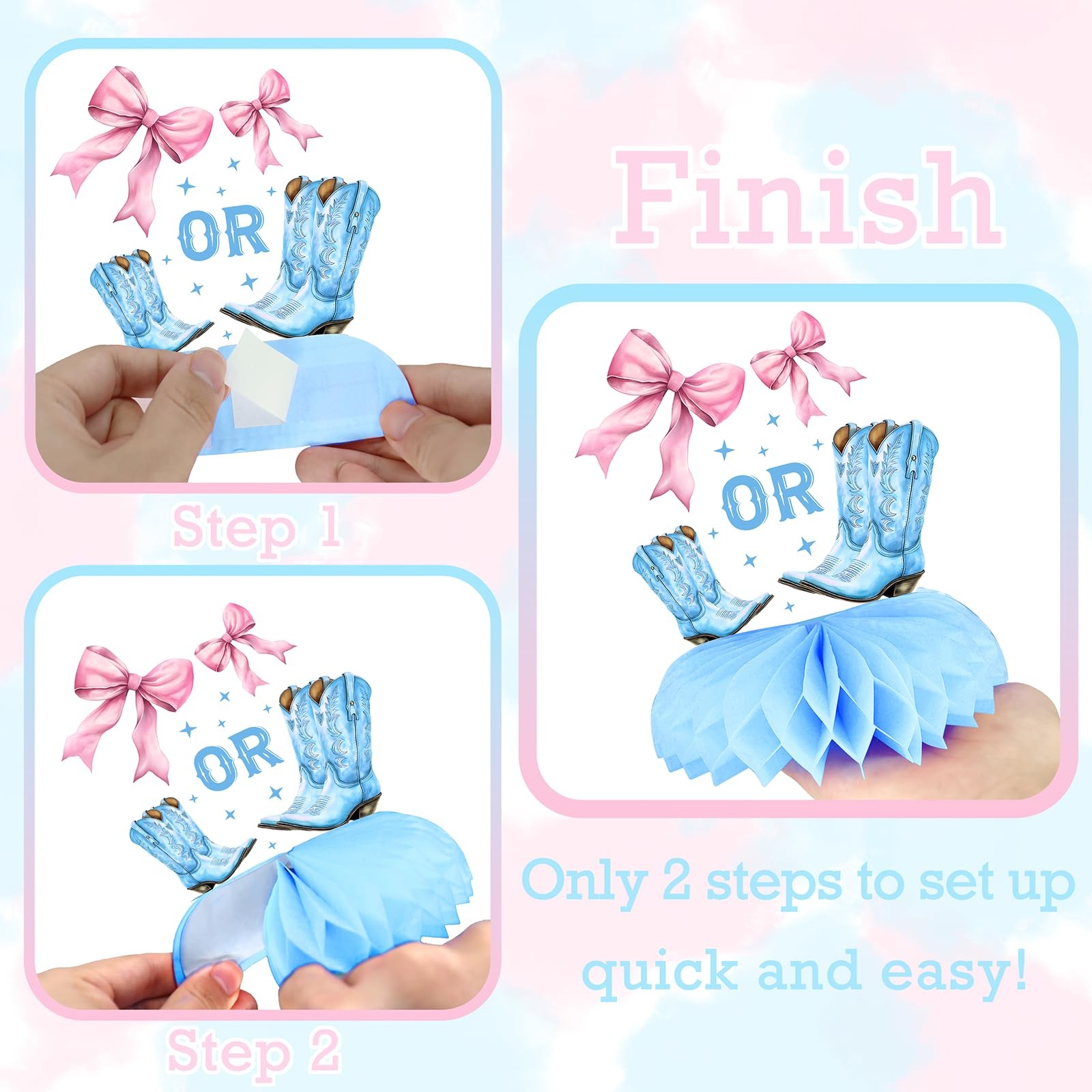 Bows or Boots Gender Reveal Table Centerpieces – 12PCS Pink and Blue Baby...