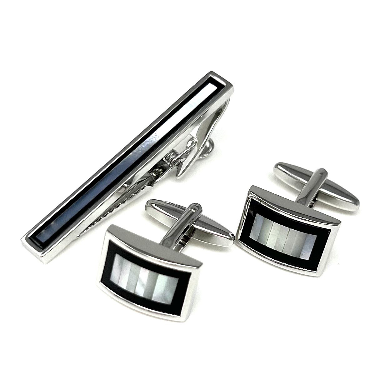 Mother Pearl Onyx Cufflinks And Tie Clip Set Men Birthday Wedding Gift