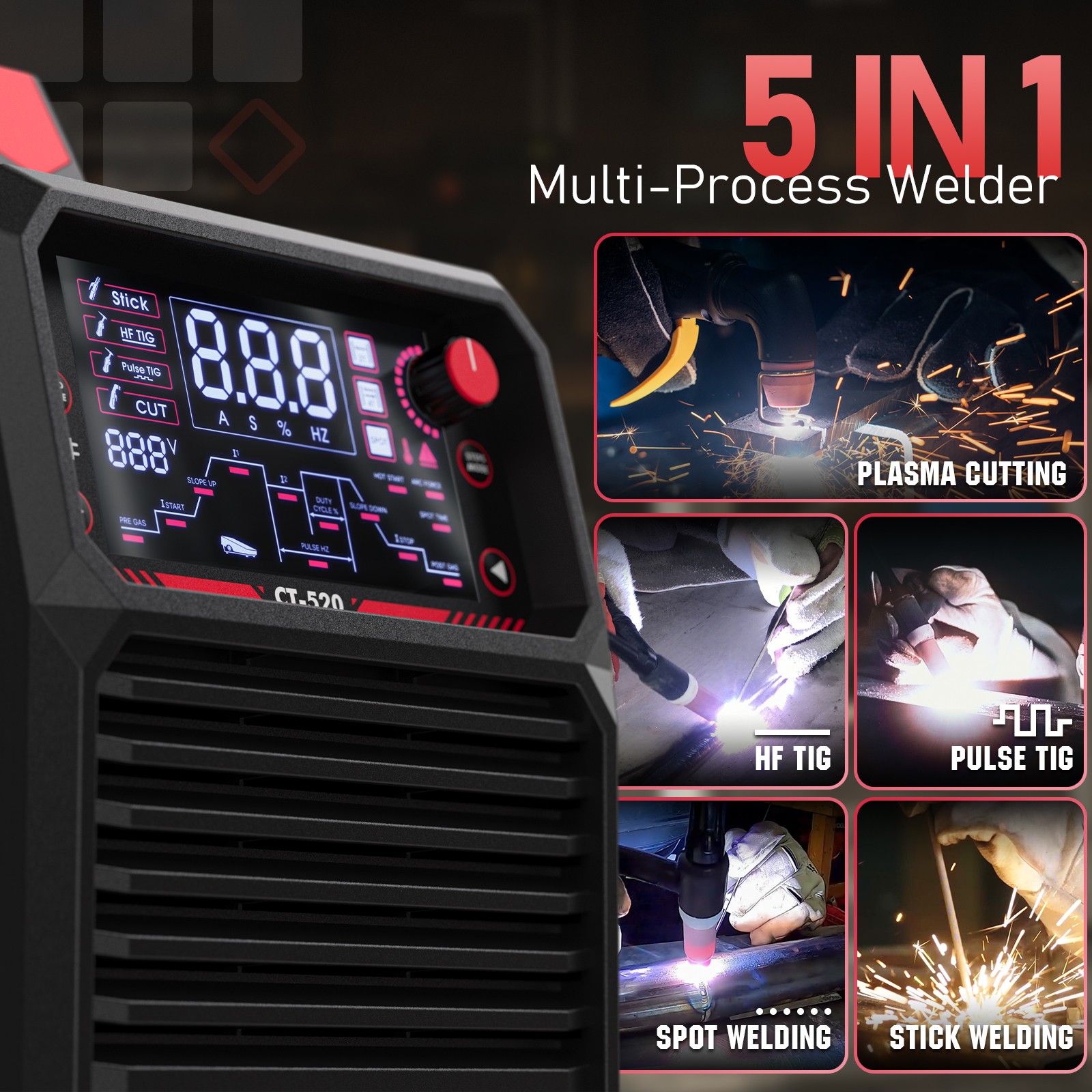 5-in-1 200A TIG/Stick & 50A Plasma Cutter, HF TIG/Pulse/Spot, Dual Voltage