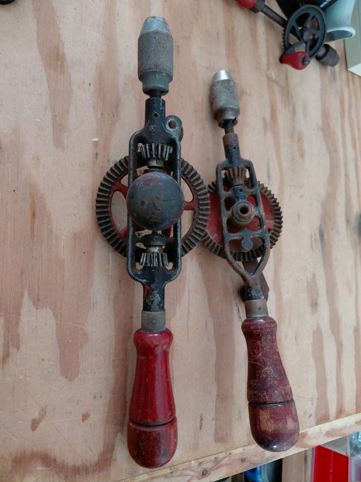 2 Antique Hand Crank Eggbeater Drill Wood Handles Manual Tools