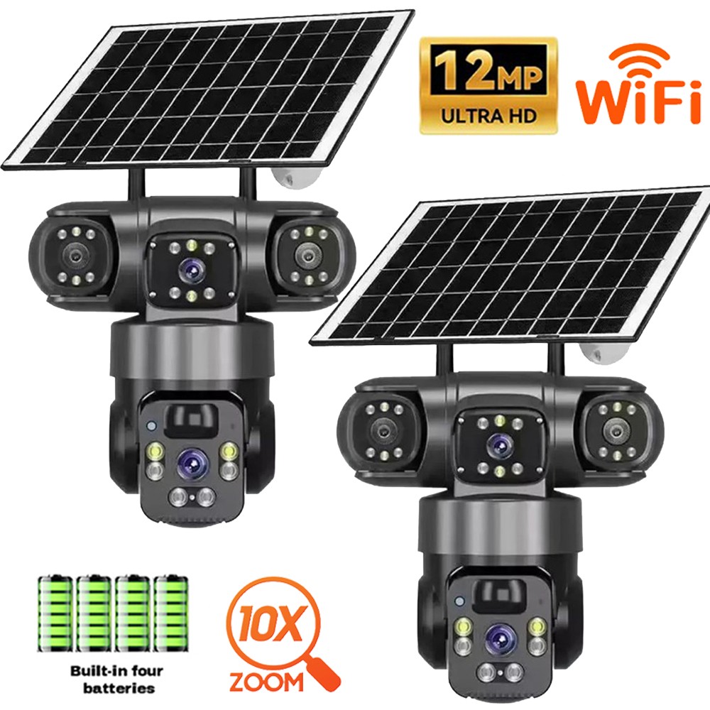 3 Lens 12MP Solar Battery Home Security Camera Outdoor Wifi Wireless PTZ CCTV US