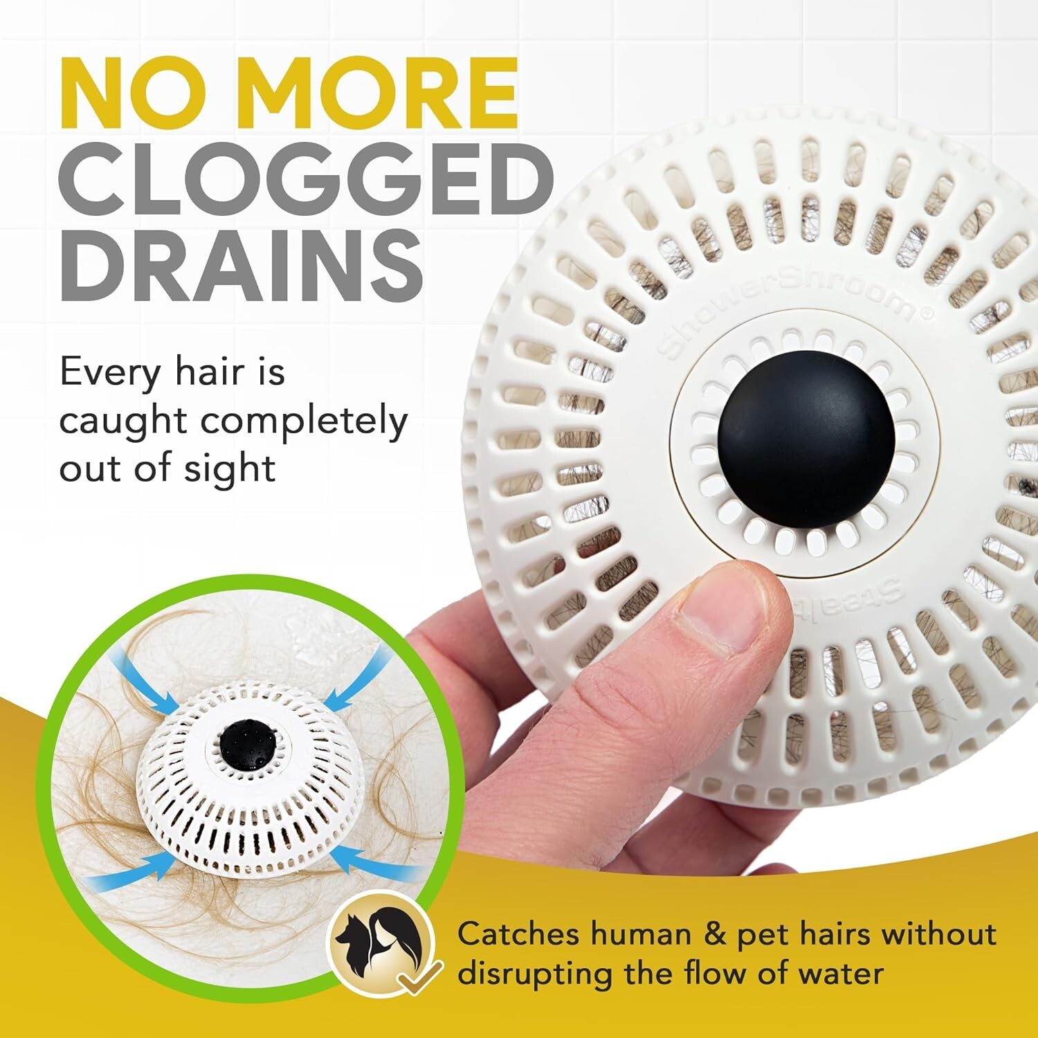 ShowerShroom Stealth Shower Hair Drain Catcher - Hair Stopper for Shower Drain