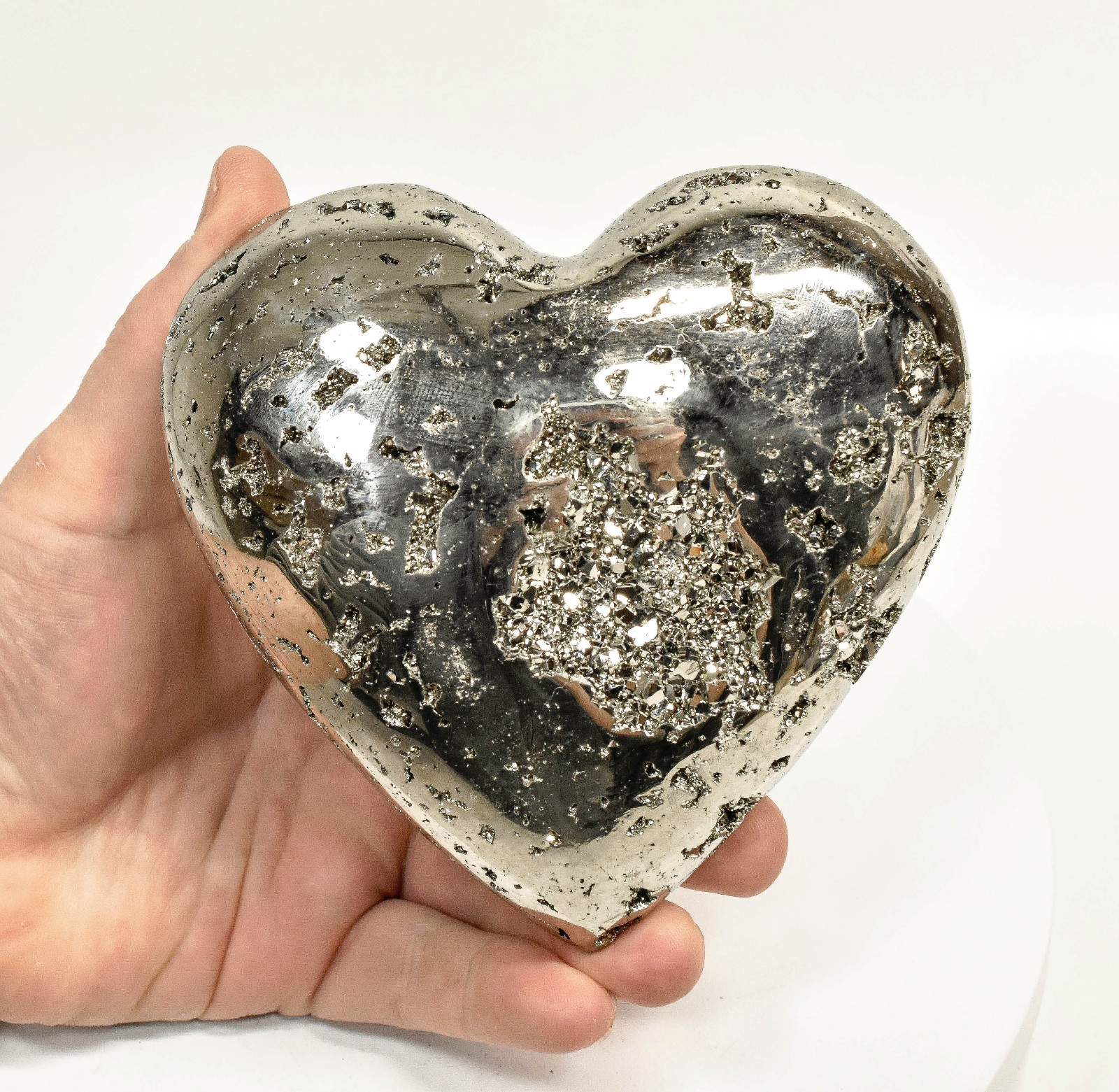 4.88" Polished PYRITE CRYSTAL HEART Carving Huanzala mine, Peru T705