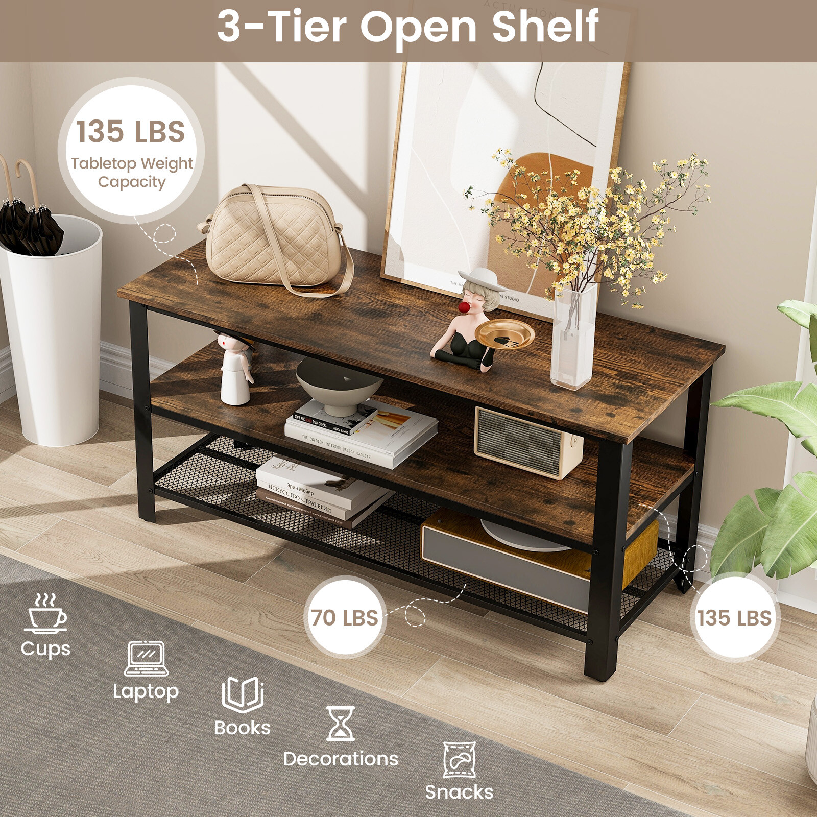 3-Tier Industrial TV Stand Entertainment Center Console Metal Frame Rustic Brown