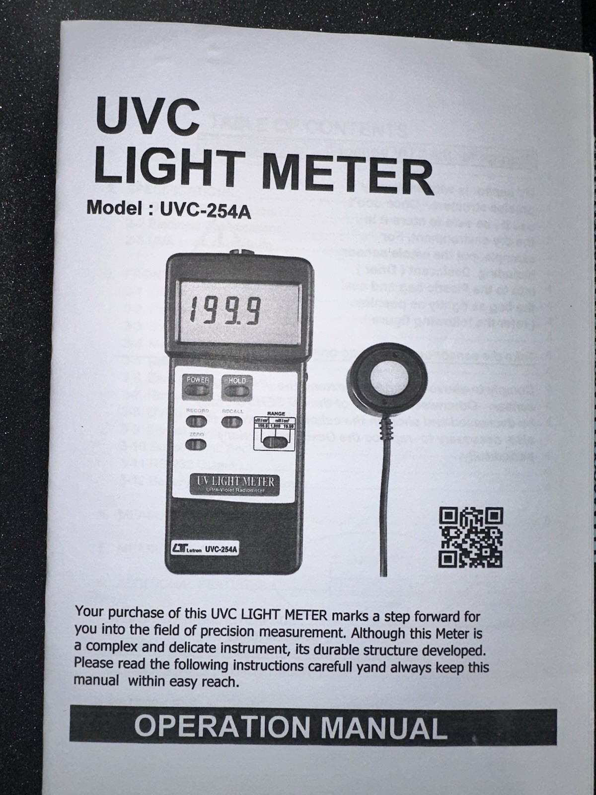 Lutron UVC-254A UV Light Meter Radiometer w/ Sensor, Case & Manual – Tested
