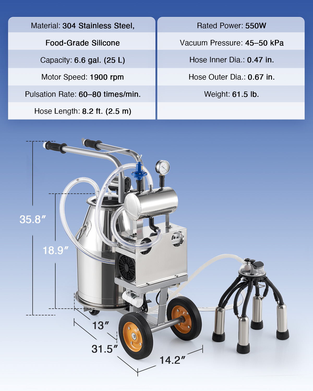 CREWORKS 25L Electric Milking Machine Farm Cow Milk Machine 304 Stainless Steel