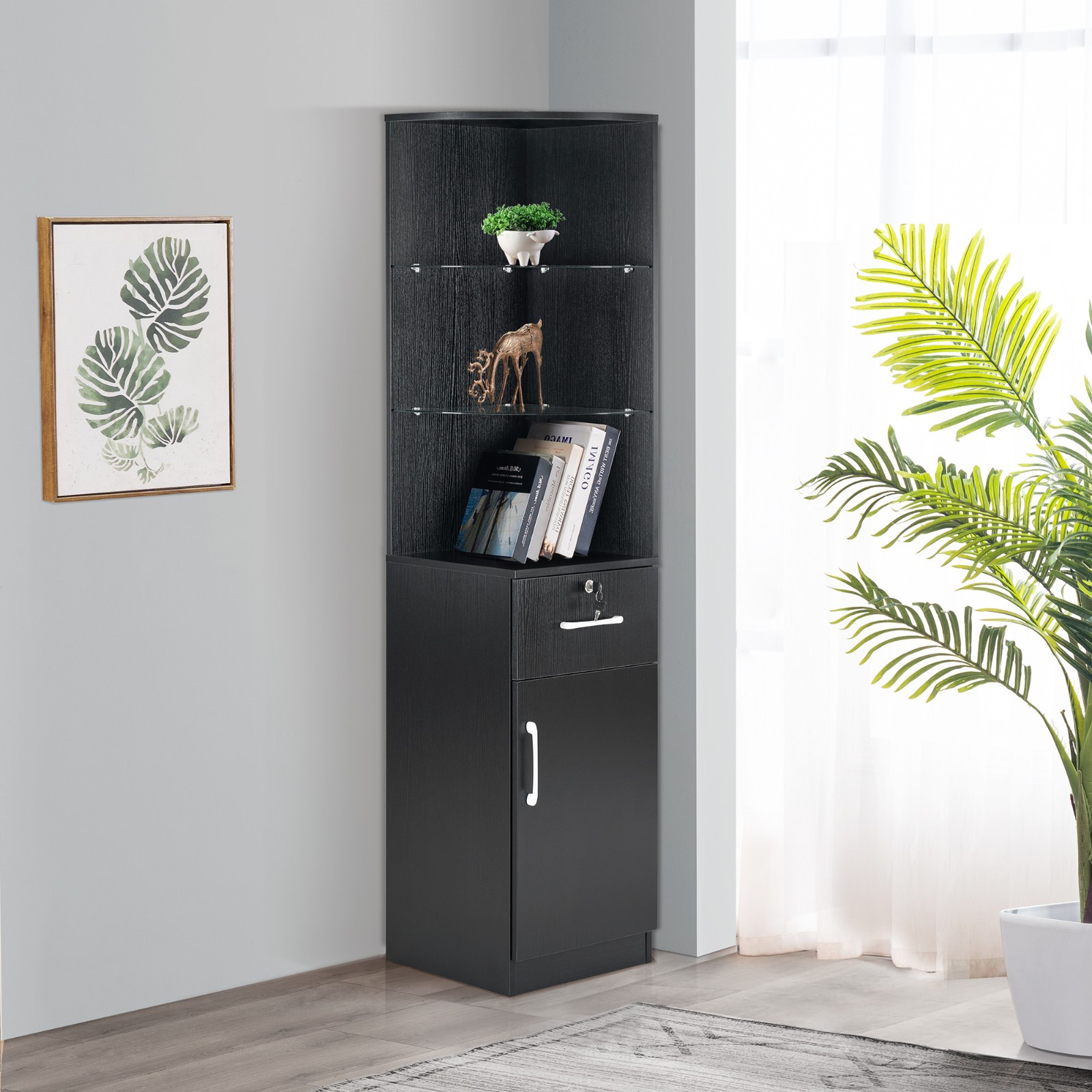 Corner Storage Cabinet with Door and Glass Shelves for Home Office Beauty Salon