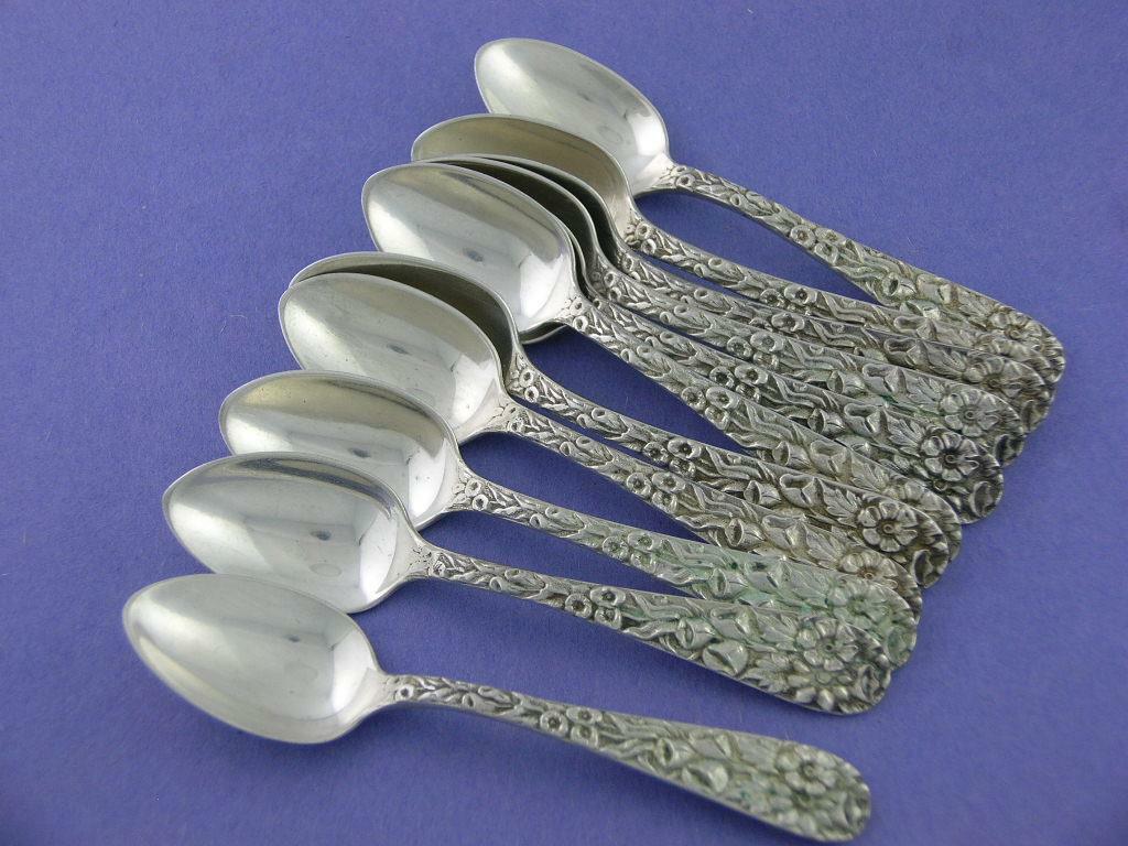 Early Coin Silver S KIRK & SON 4" Demitasse Spoon REPOUSSE 10.15 mark ~ $32 each