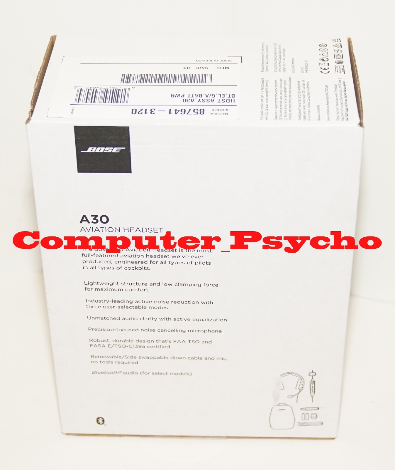 BOSE A30 857641-3120 AVIATION HEADSET BLUETOOTH BATTERY DUAL PLUG STRAIGHT CABLE