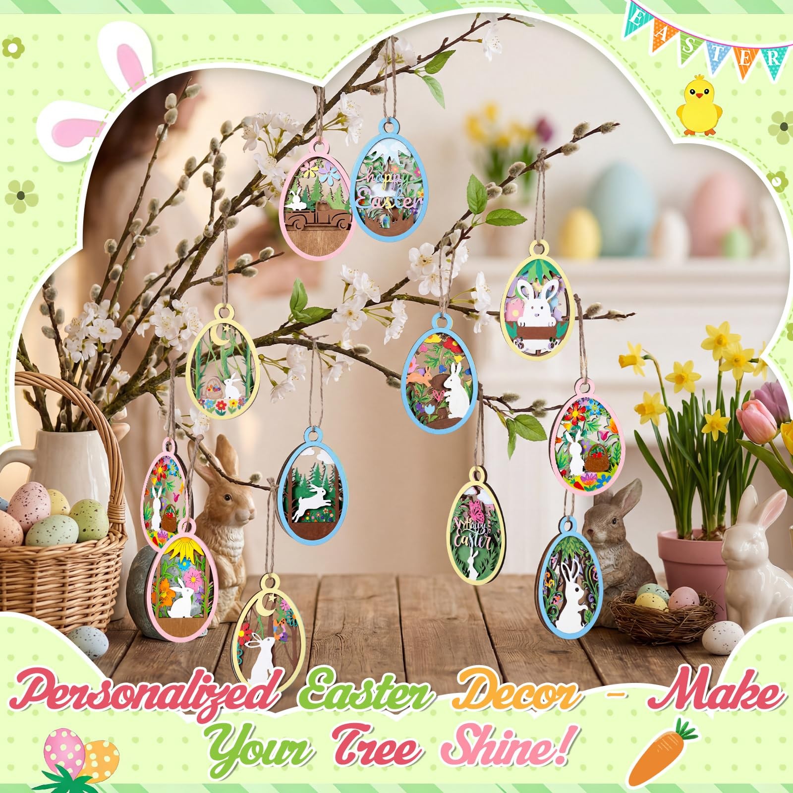 36 Pcs Easter Crafts for Adults Kids Wooden 3D Easter Crafts to Paint Ornaments