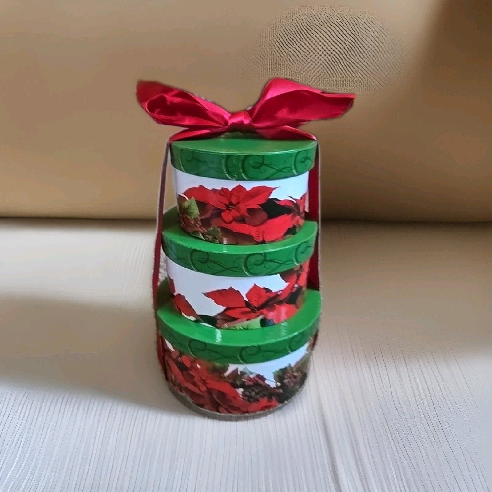 3 Christmas Nesting Gift Boxes Round Pointsettia Stackable Boxes Red Ribbon Tie