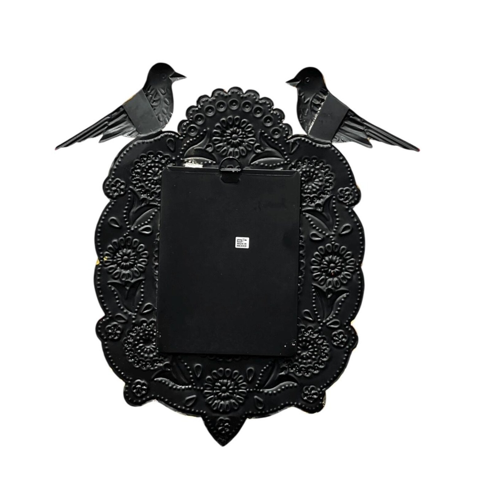 Tin MIRROR with BIRDS, Hand Painted Frame, Mexican Punched Tin, Oval Mirror 13"