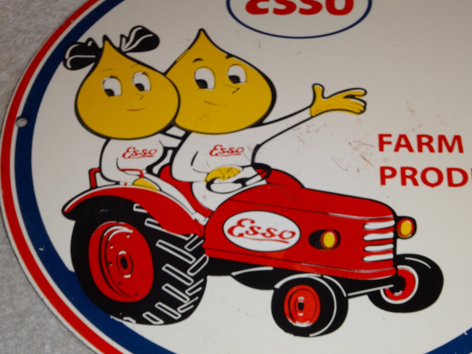 VINTAGE 1957 ESSO FARM OIL DROP BOY GIRL 11 3/4" PORCELAIN TRACTOR GASOLINE SIGN