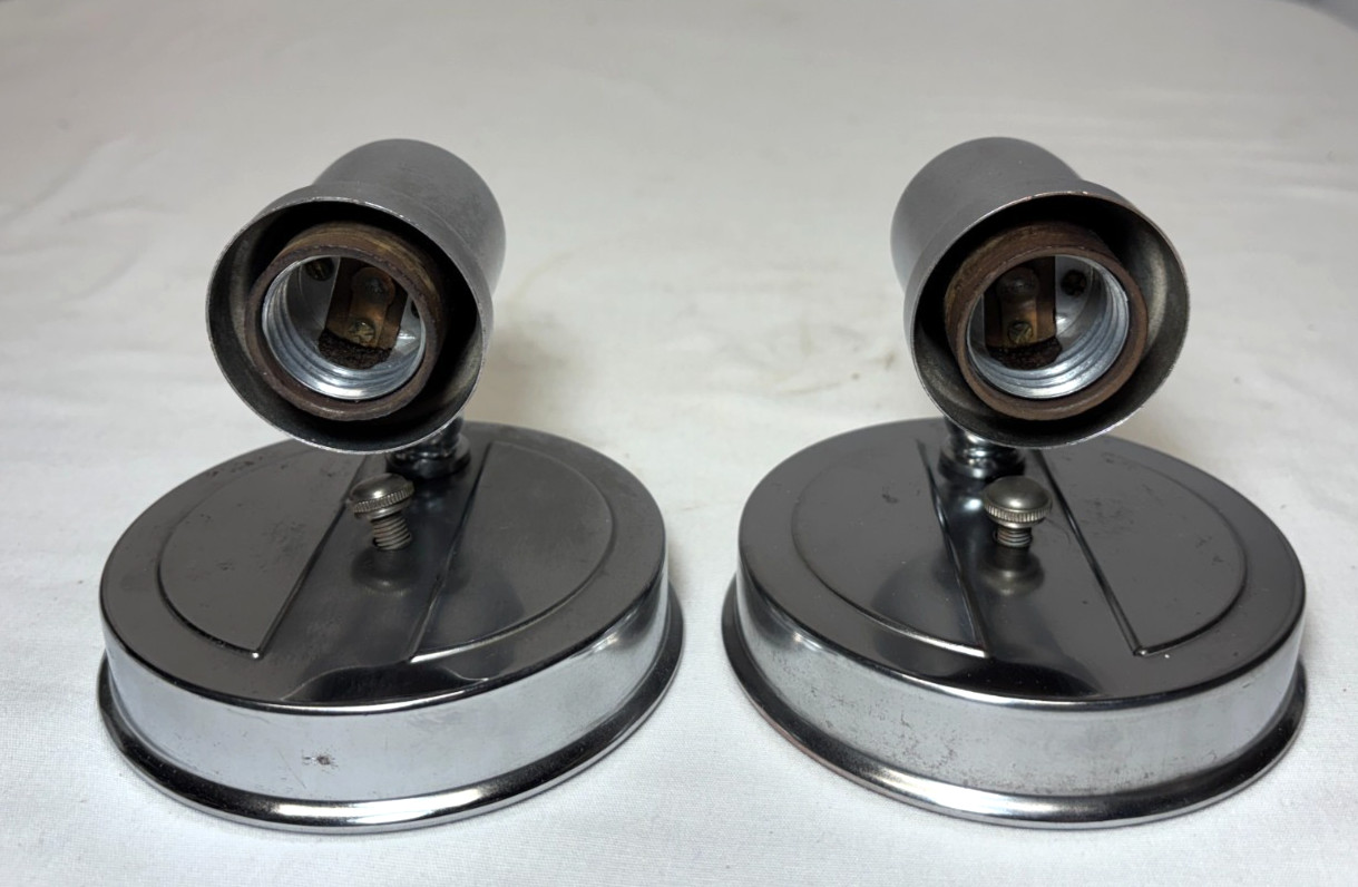 Chrome Sconce Pair Vtg Wall Light Fixture MCM Bathroom Art Deco USA #L92