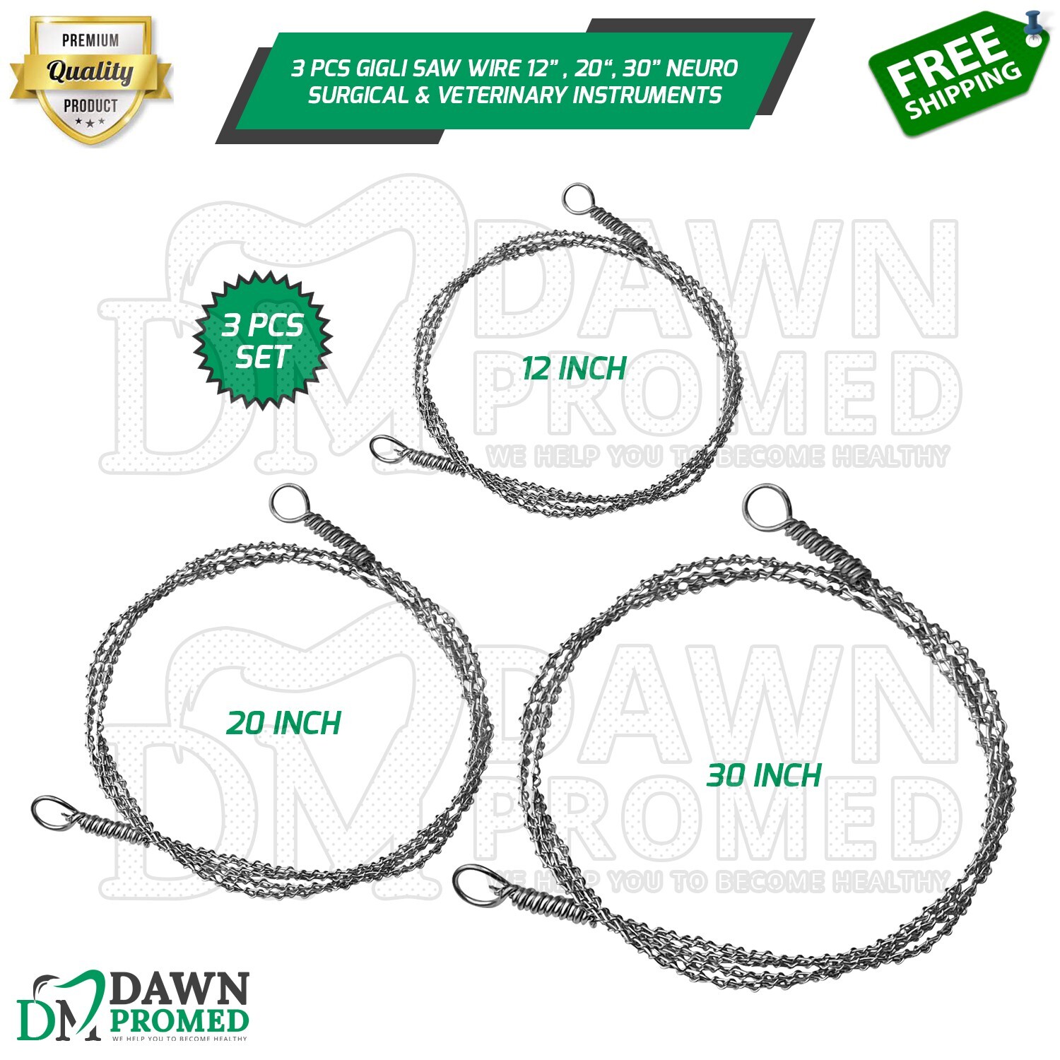 3 Pcs GIGLI Saw Wire 12”, 20“, 30” Neuro Surgical & Veterinary Inst German Grade
