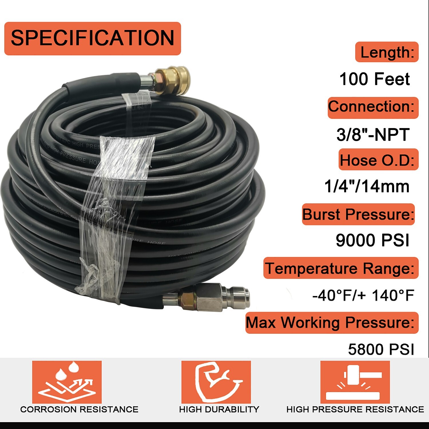 100FT 5800PSI Replacement High Pressure Power Washer Hose -3/8" Quick Connect
