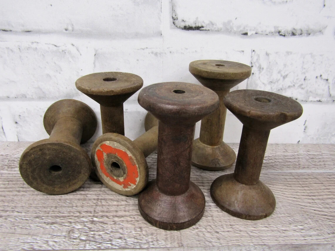 Lot of 6 Antique Vintage 3" Plain Wooden Industrial Textile Bobbins Spools