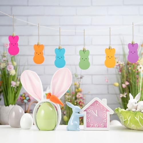 LOAVER 12 Pcs Easter Bunny Hanging Ornaments,Colorful Peeps Bunny Plastic