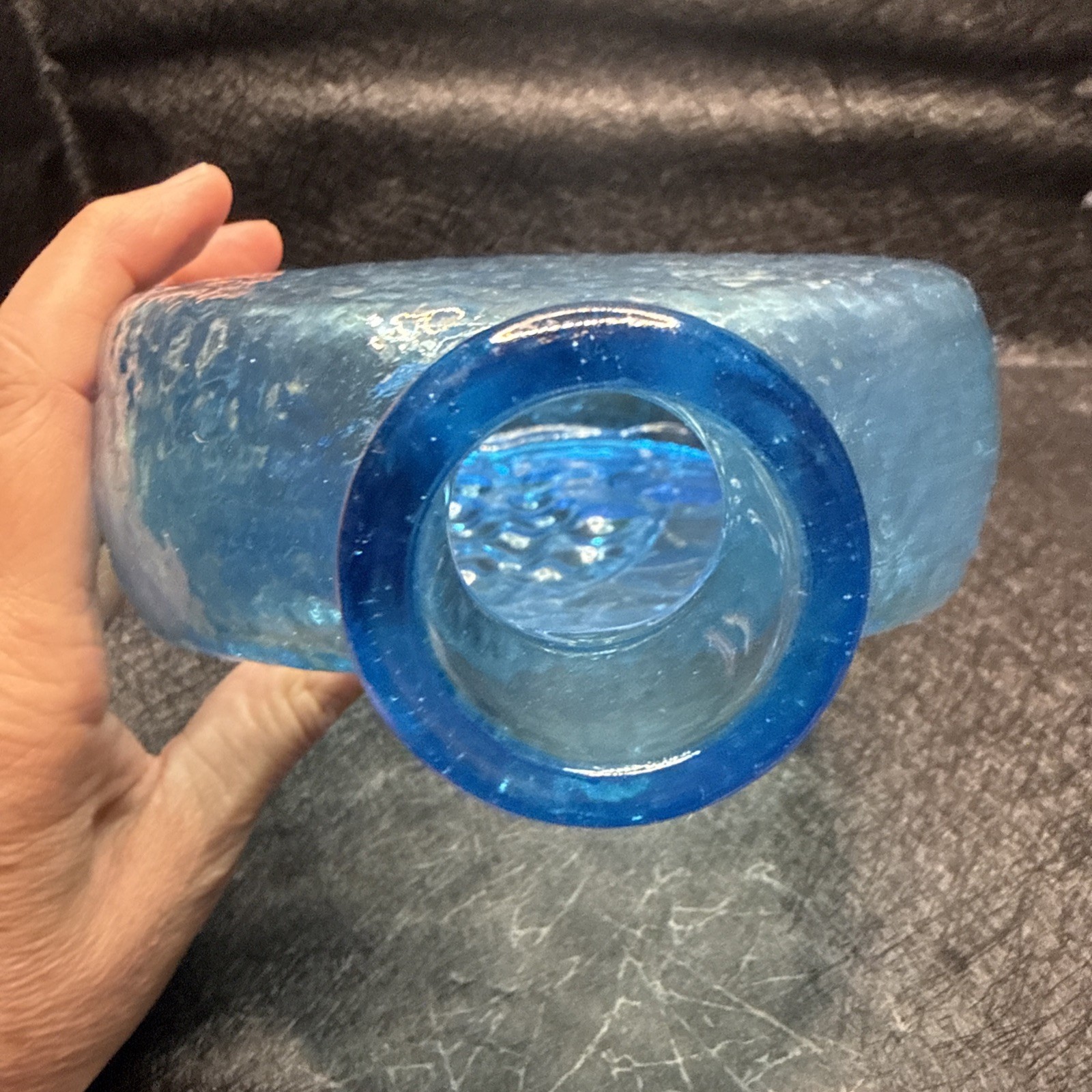 Blue Vintage MCM Italian Glass Wine Bottle /Decanter Grapes Leaves 11.25”