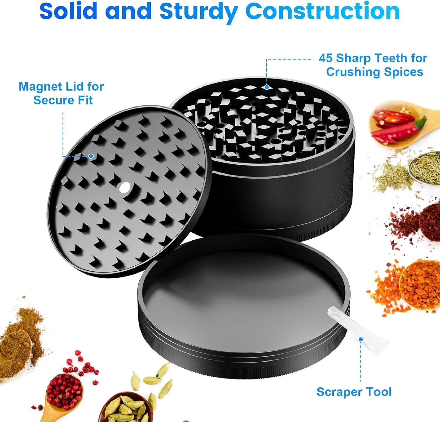 Extra Large Grinder 3 inch XL Herb & Spice, Tobacco Crusher 4 Piece (Black)