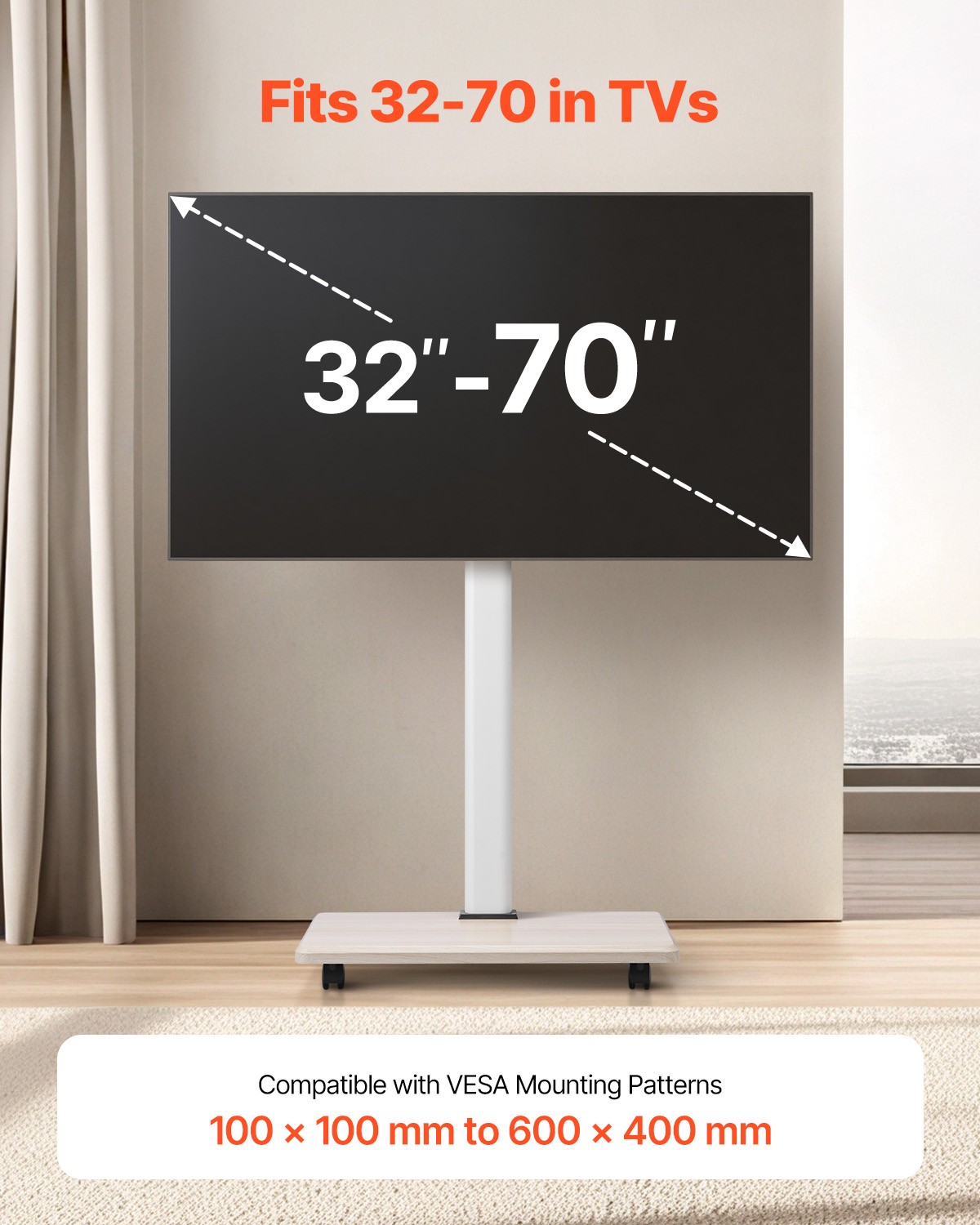 Rolling TV Stand Mobile TV Cart Holds Up to 99 lbs for 32-70 Inch Screens