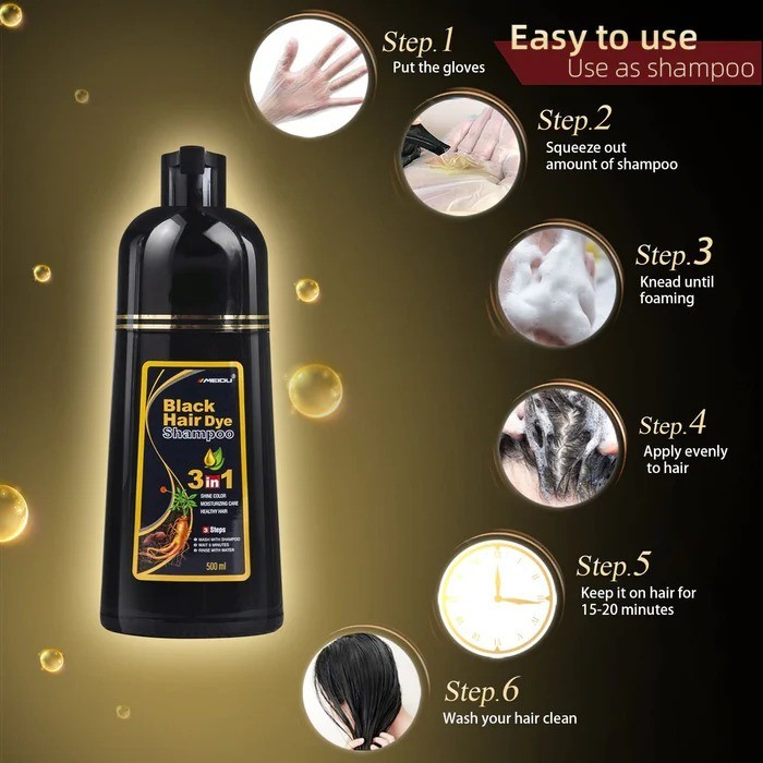 Black Hair Dye Shampoo Instant 3 in 1 Grey Coverage