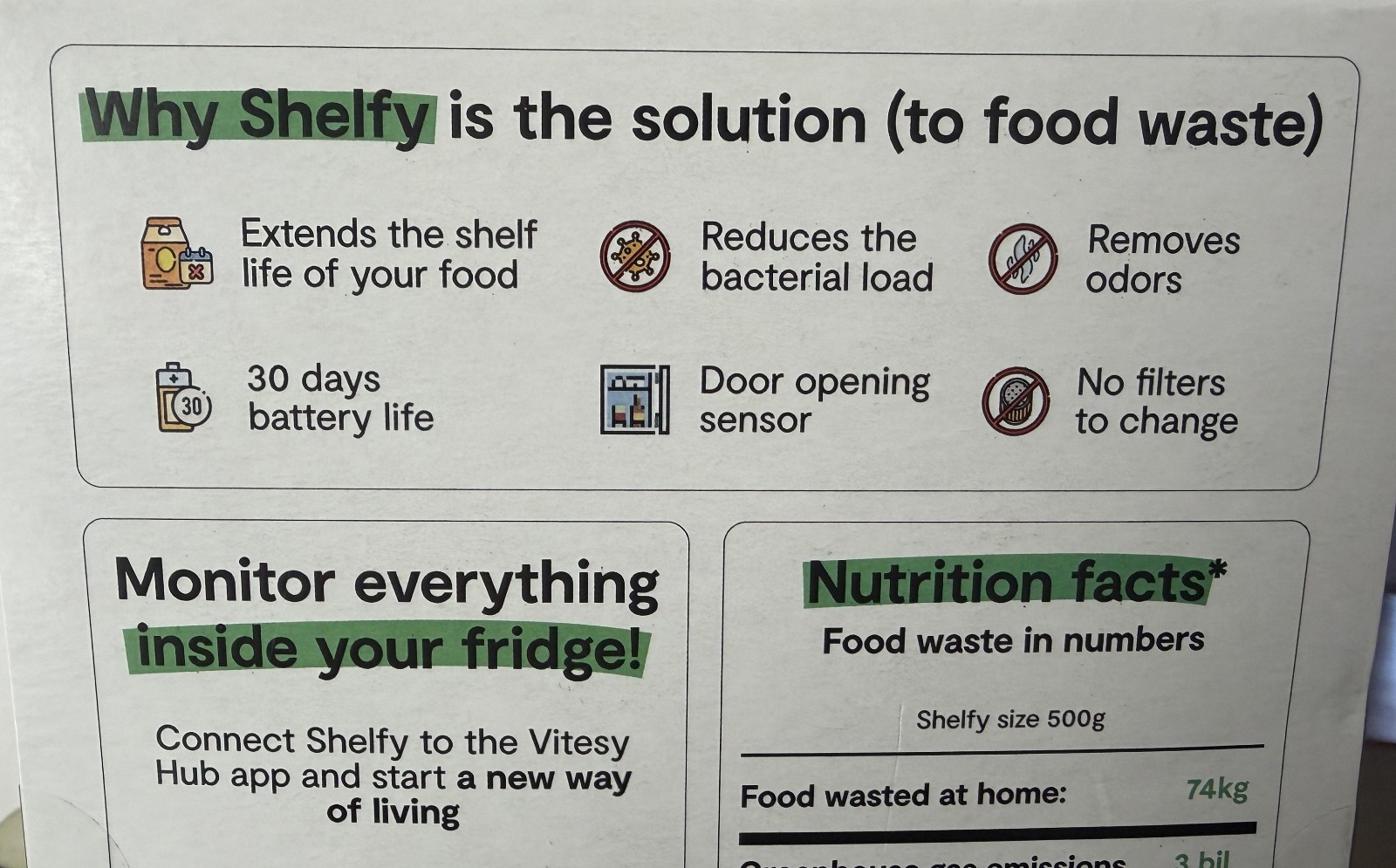 Vitesy Shelfy Fridge Air Filter Purifier, Extends Freshness Model SHLO - New!