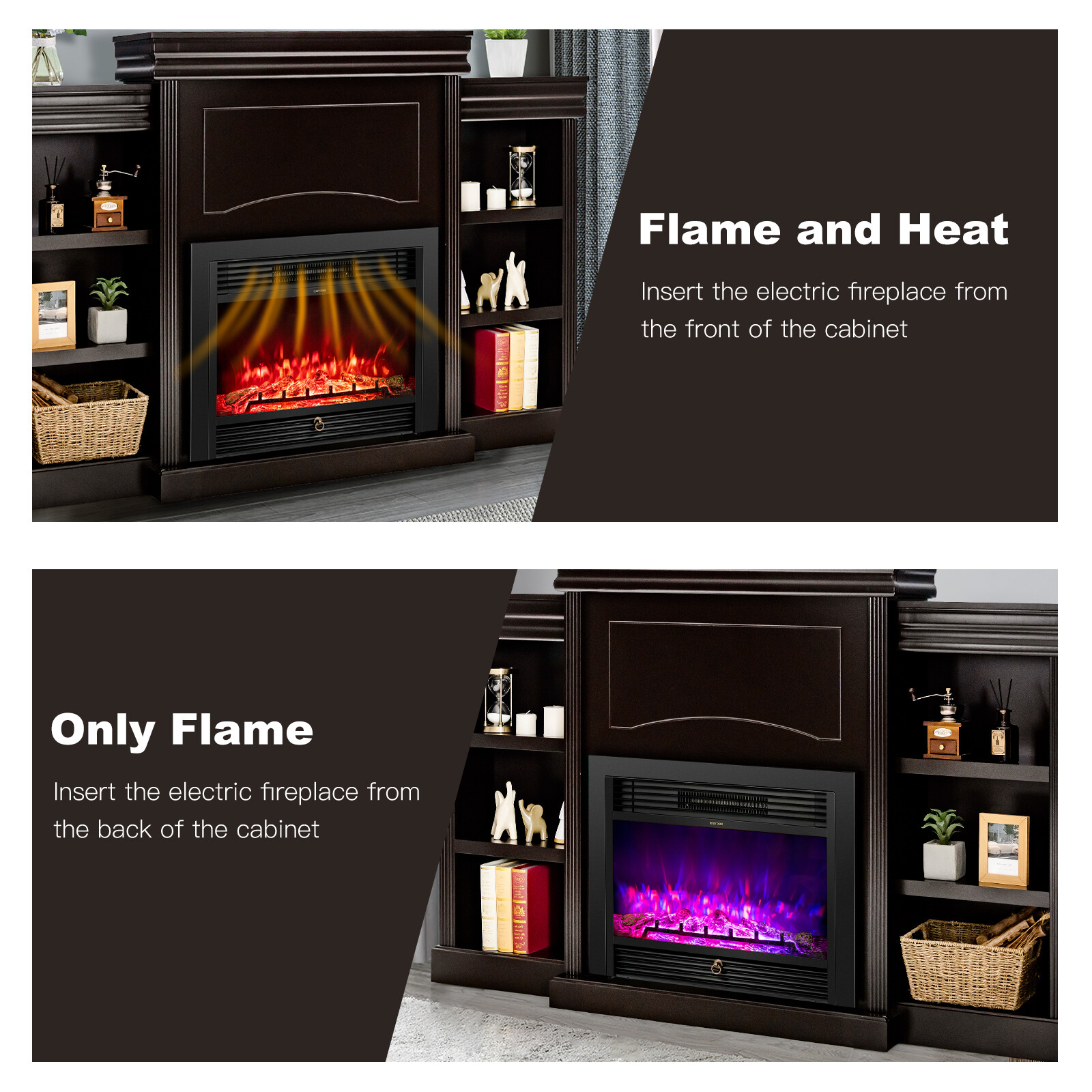 70"Fireplace TV Stand Media W/ 28.5" 750W/1500W Electric Fireplace Brown