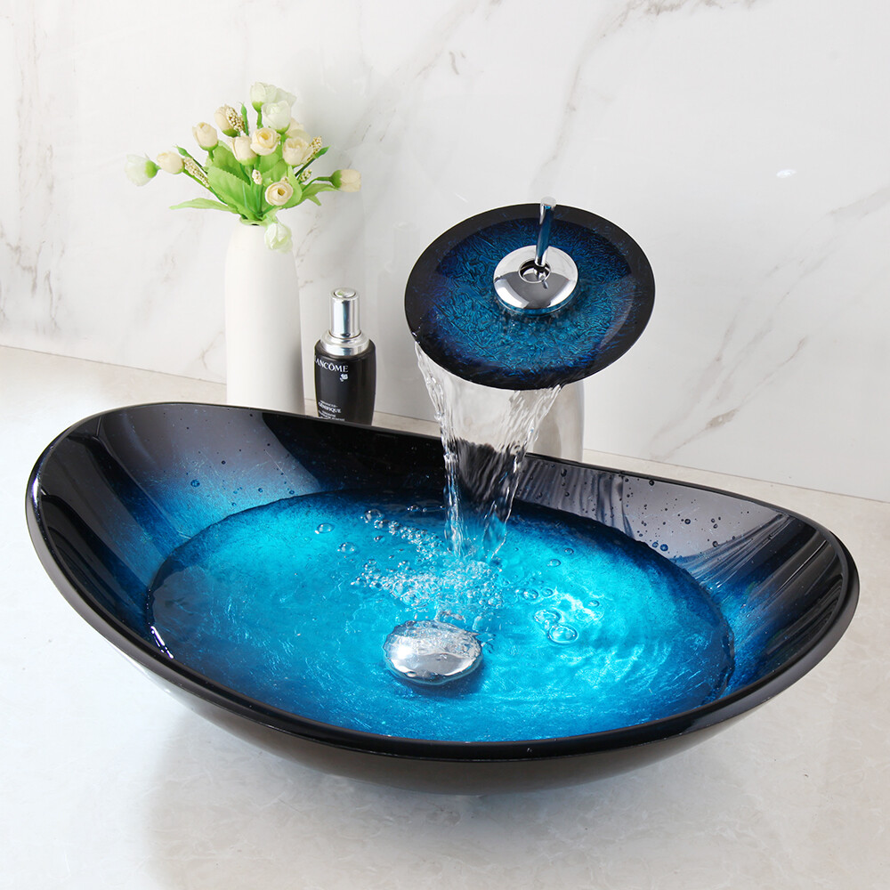 US Bathroom Oval Blue&Black Tempered Glass Vessel Sink Basin Waterfal Mixer Tap