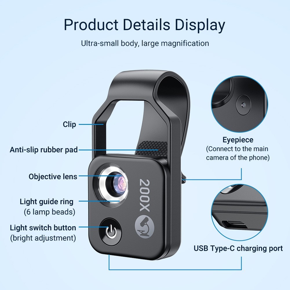 200X Phone Mini Pocket Microscope with LED Light/Universal Clip, Nano Zoom Porta
