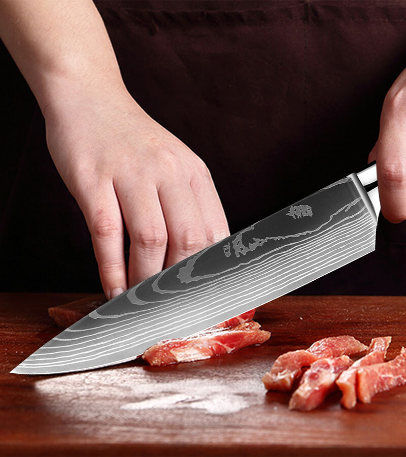 2PC Japanese Damascus Pattern Chef Knives Cleaver Kitchen Knife Set With Sheath