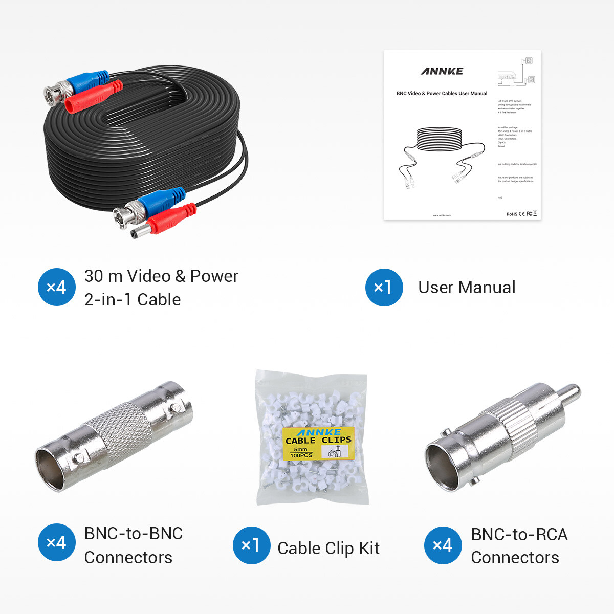 ANNKE 4x 100ft Video Power BNC Cable for CCTV Security Camera System Extend Wire