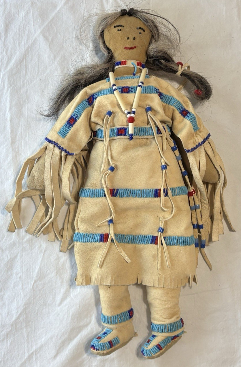 Vintage Native American Handmade Buckskin Beaded Doll  16"” Real Hair