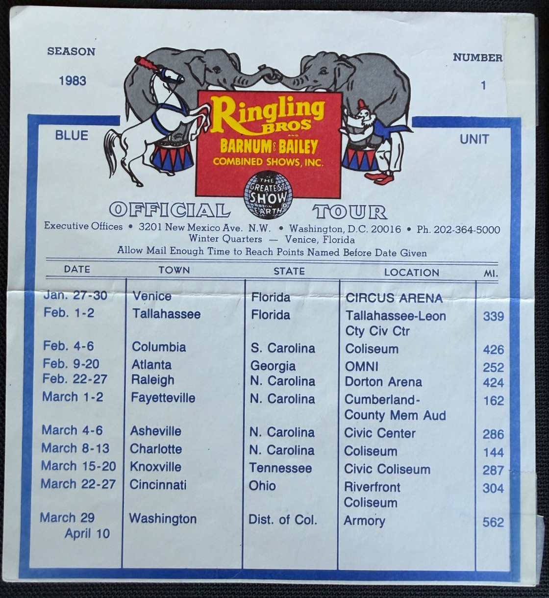 1983 Official Tour Advance Sheets Ringling Bros and Barnum & Bailey Circus