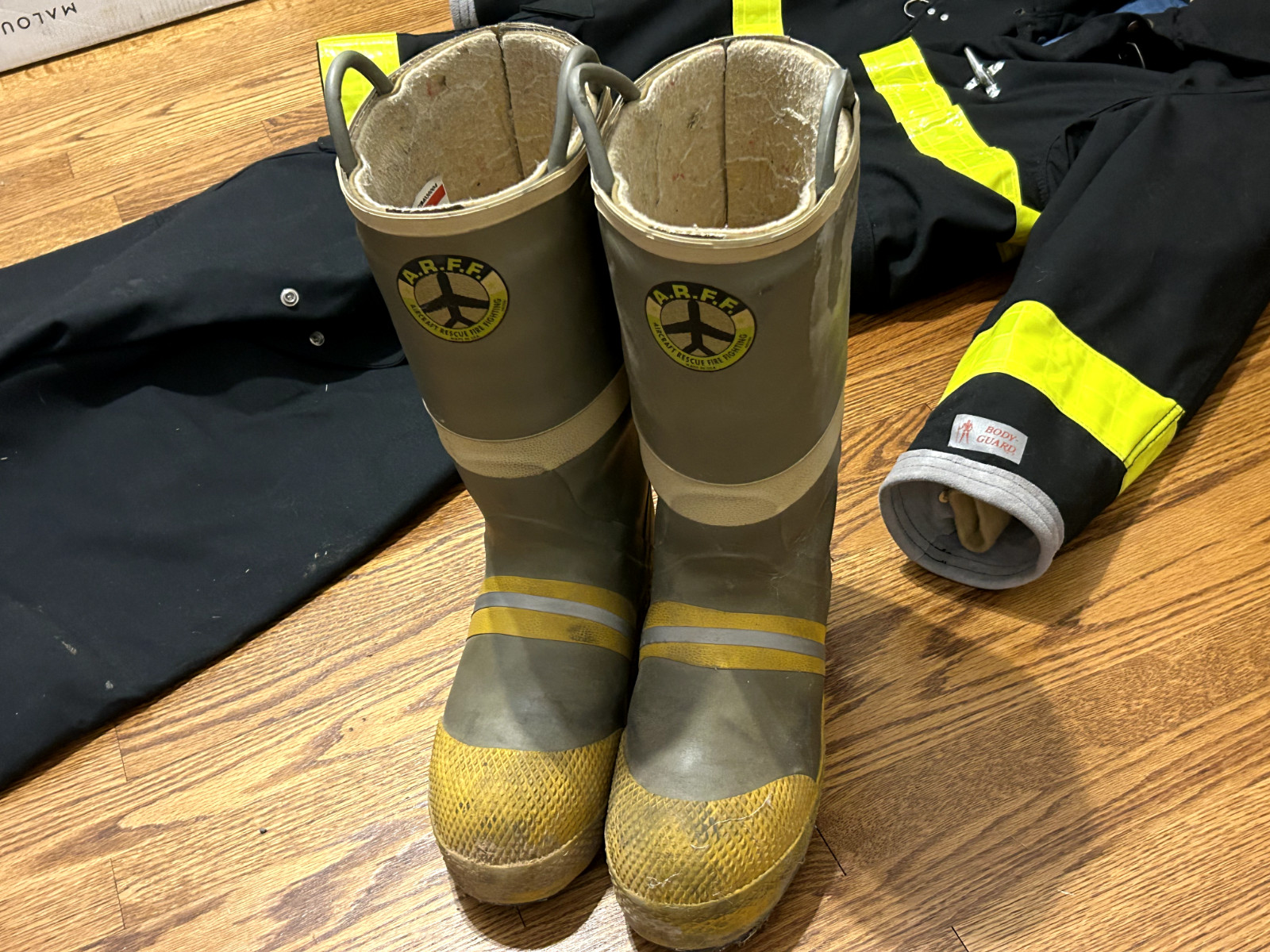 Vintage Body Guard Coat/ Pants/ Boots - Fireman Firefighter Jacket/ Pants/ Boots