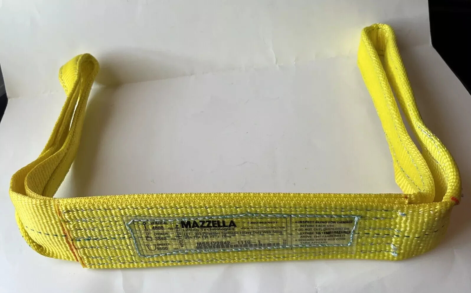 Mazzella EE1-903 x 3’ Polyester Synthetic Web Sling 3" Wide 3’ Long Flat Eye New