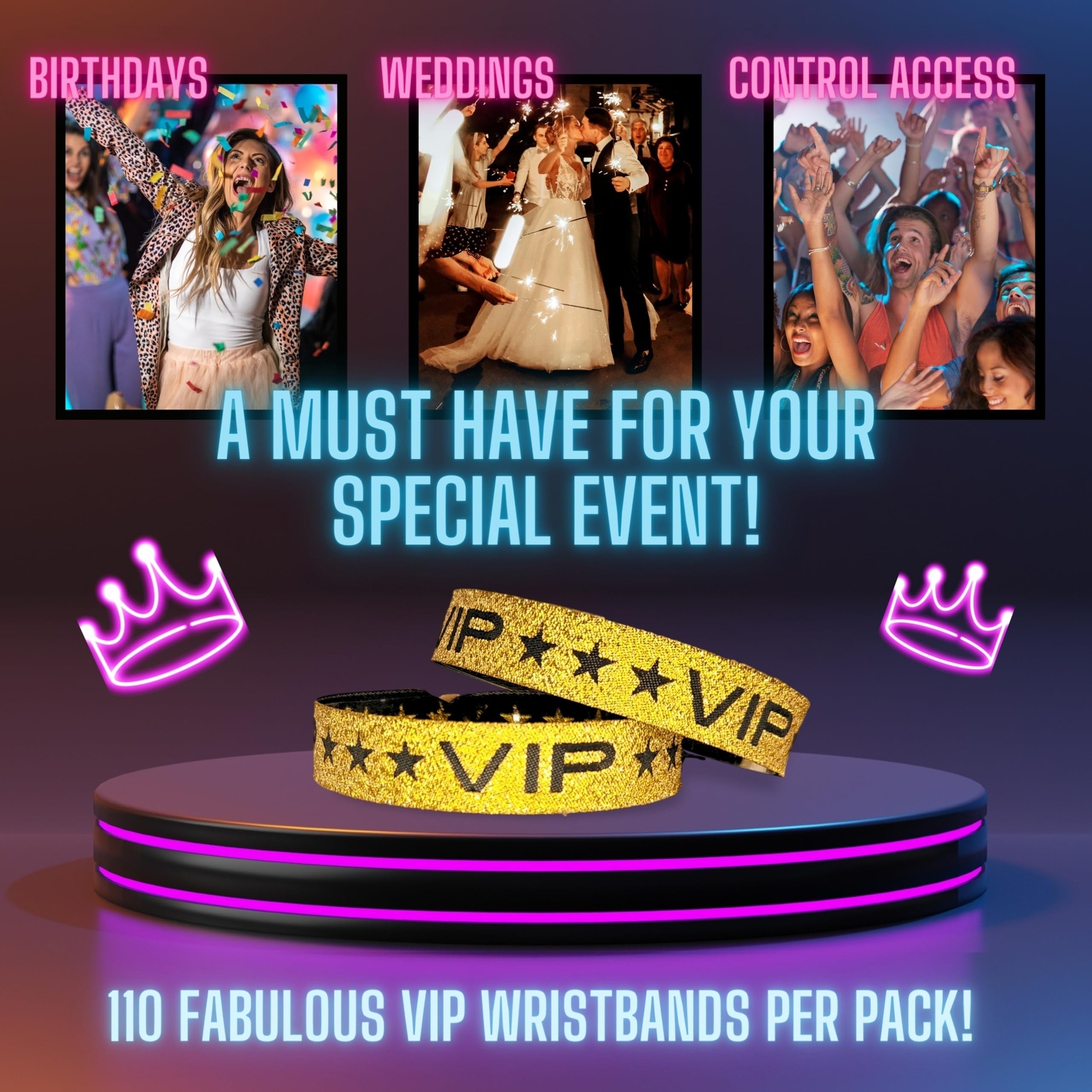 110 Pack Glitter Gold VIP Party Wristbands with Secure Locking Clip. Must Hav...