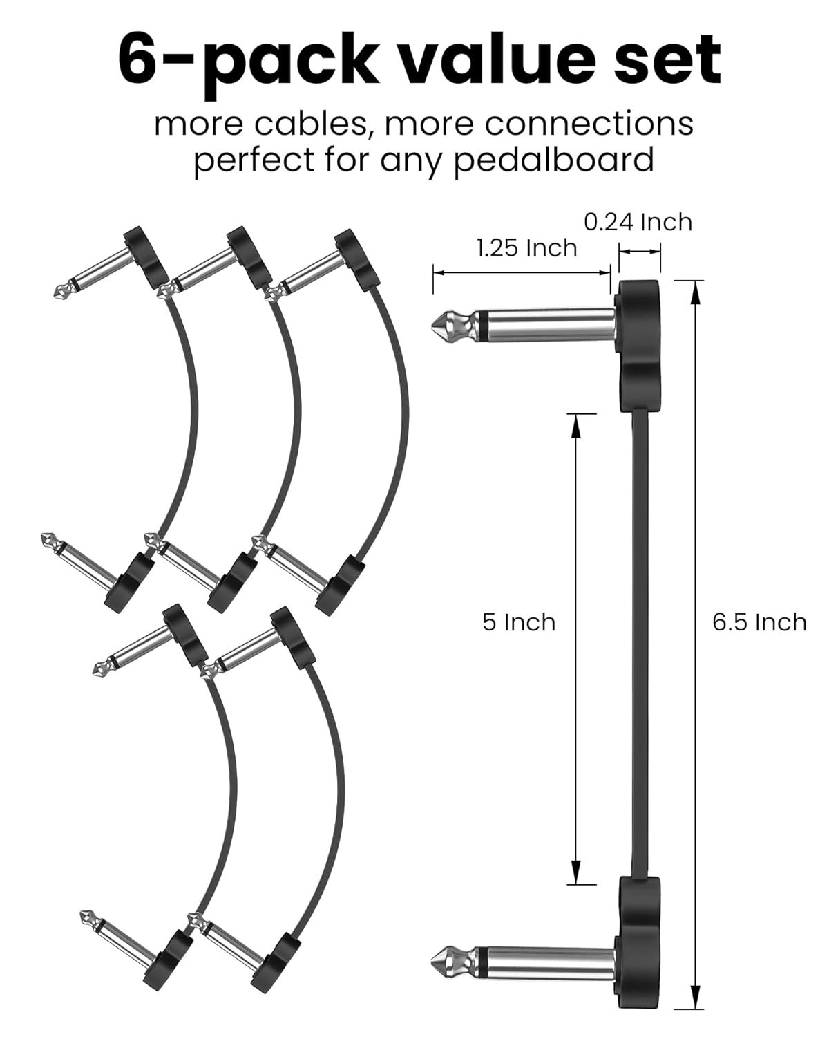 6 Pack 5in Guitar Patch Cables 1/4" TS Right Angle Low Profile Pedalboard 🎸