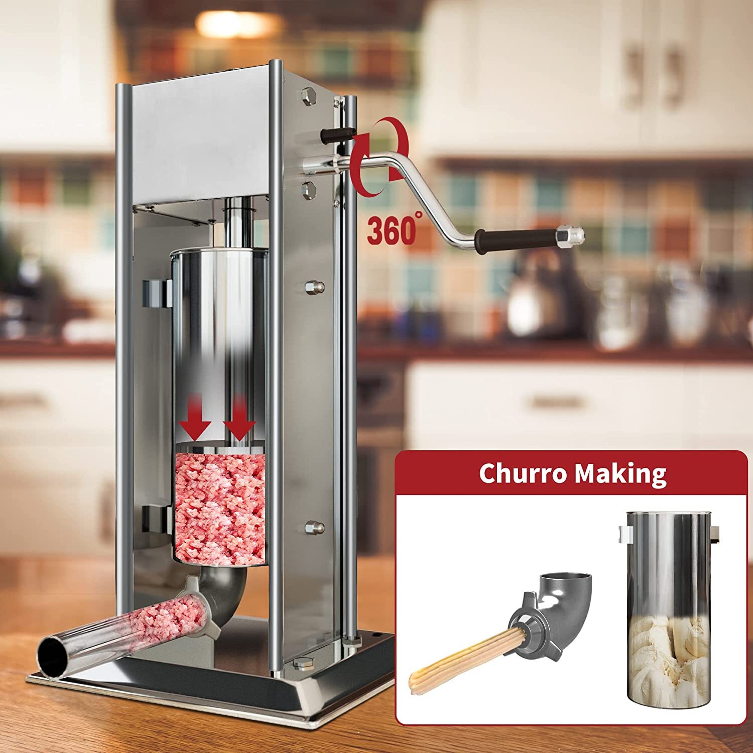 15LB/7L Sausage Stuffing Machines Stainless Steel Commercial w/ 4 Stuffing Tube